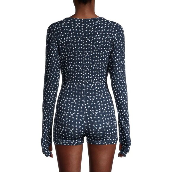 Free People Navy Floral L/S Thumbhole Romper PJ | Soft Girl Boho Coquette Lounge - Picture 16 of 16